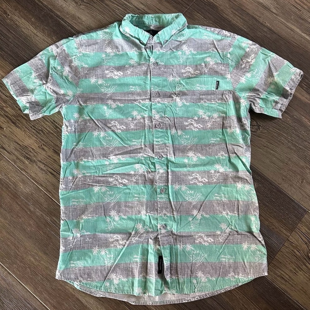 Molokai Surf Co men's Medium hawaiin shirt bright teal and gray button up